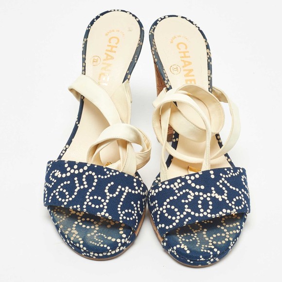 Chanel Navy Blue/White Denim Ankle Wrap Sandals Size 40 - Picture 2 of 8